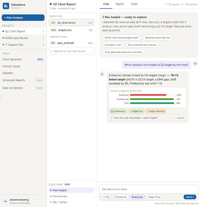 Analysis workspace: chat with your files, project sidebar, plain-English logic view